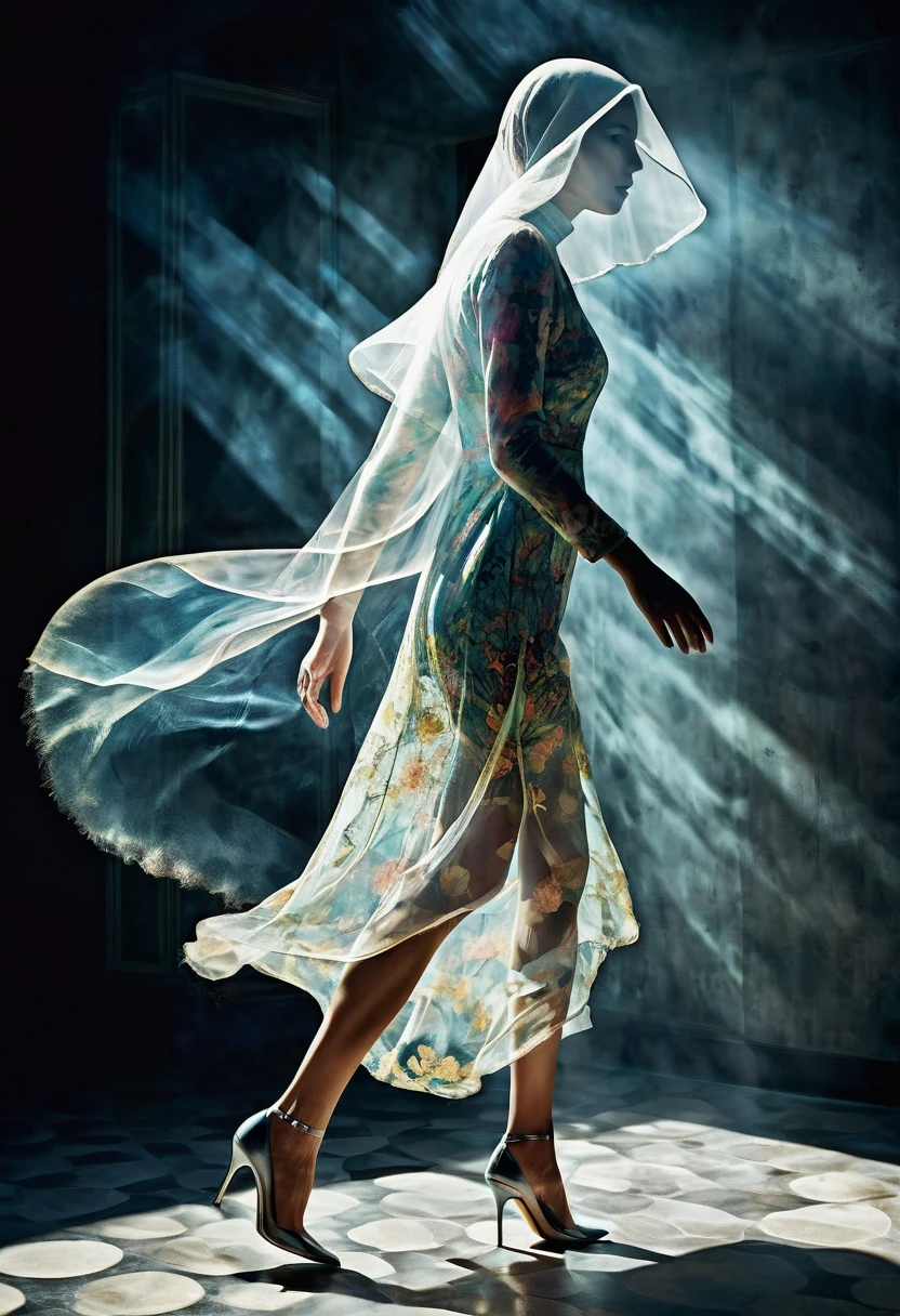 double exposure photo illustration, A lady, a ghost maiden (transparency effect of the images of a ghost spirit facing her), perfect mix, texture and pattern, ((transparency effect 0.75)), iconic walking posture, high-heels, dramatic shadows, dramatic lights, intertwined elements, transparent image facing her, left side view, Fantasyart, two tone, manipulated digital photo art of opposing opponent, hyperrealisti, ultra detali, sharp clarity, hight contrast, Bright Environment, Rich textures, intricate patterns, bright coloured, cinematic lighting, photorrealistic, precise anatomical proportions.