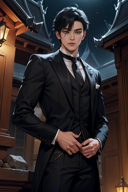 Create the image of a 20-year-old boy, THAI, bonitas, who has shining silver eyes, He's a sorcerer, From the nose upwards he wears a black mask and wears black formal clothes, Behind him, rising in the middle of the night, has a Victorian stone mansion. night time scene  