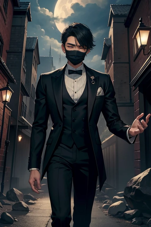 Create the image of a 20-year-old boy, THAI, bonitas, who has shining silver eyes, He's a sorcerer, From the nose upwards he wears a black mask and wears black formal clothes, Behind him, rising in the middle of the night, has a Victorian stone mansion. night time scene  