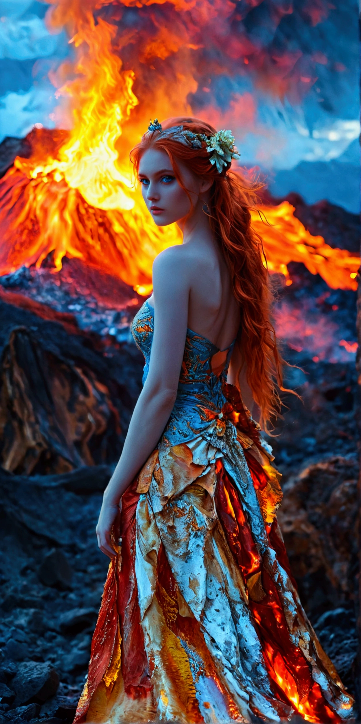 A dim volcano in the background,A long skirt made of magma,Beautiful goddess,Bright color pair,Beautiful blue eyes,((Look at the camera,Full body portrait))