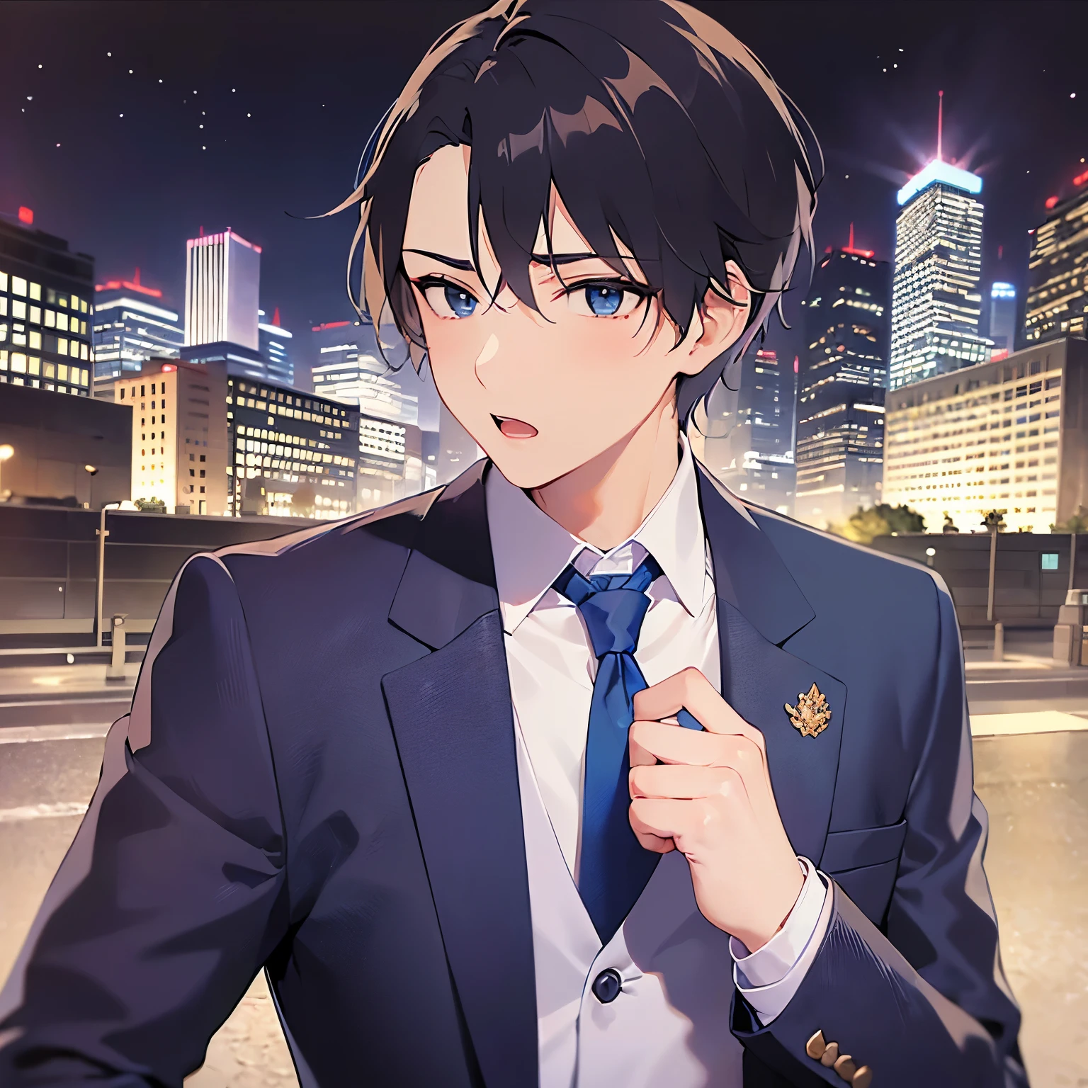 masterpiece、Highest quality、upperbody、
(25-year-old male:1.5) and(Black short hair) and (blue eyes), 
(suit:1.5) and (Blue tie）(suit:1.5) and (Blue tie）、blush,flabbergasted,open mouth,The background is the city at night,Night Sky