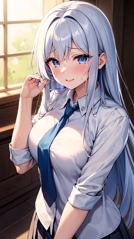 Highest quality, Soft Light, Ultra-high resolution,People Girls, alone, sexy, （A shy smile),Tears in my eyes, （Open your mouth:1.2）,(Blue eyes), Beautiful face in every detail,(High resolution detail of human skin texture), (White long hair）, break,(Sweat:1.1),Sigh,Saliva dripping from the mouth,Dress shirt,tie,Pleated skirt,(Face Shot,Spread your hands wide to the sides,Look into the viewer