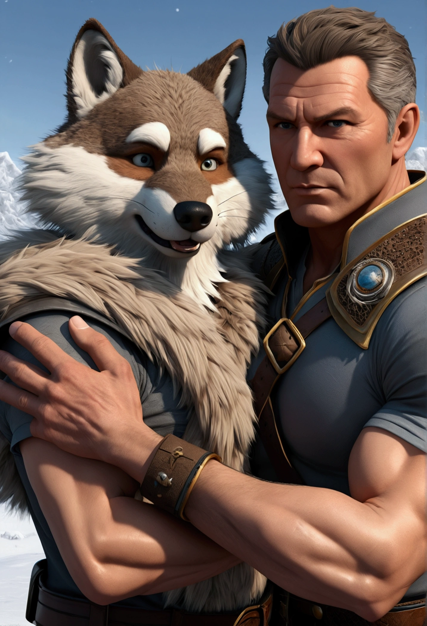 (photorealistic:1.4), 8k, (masterpiece), Best Quality, of the highest quality, (highly detailed fur:1.5), (detailed muscles:1.4), (detailed face:1.5), (realistic eyes), original, High resolution, unparalleled masterpiece, ultra realistic 8k, perfect work of art, grey Wolf, male, middle aged, (general:1.2), armor, scars, (casual clothes:1.3), by the wide, Braided hair, white braids, cold northern environment, (snowy:1.2), (bond between father and son:1.4), (Touching interaction:1.3)