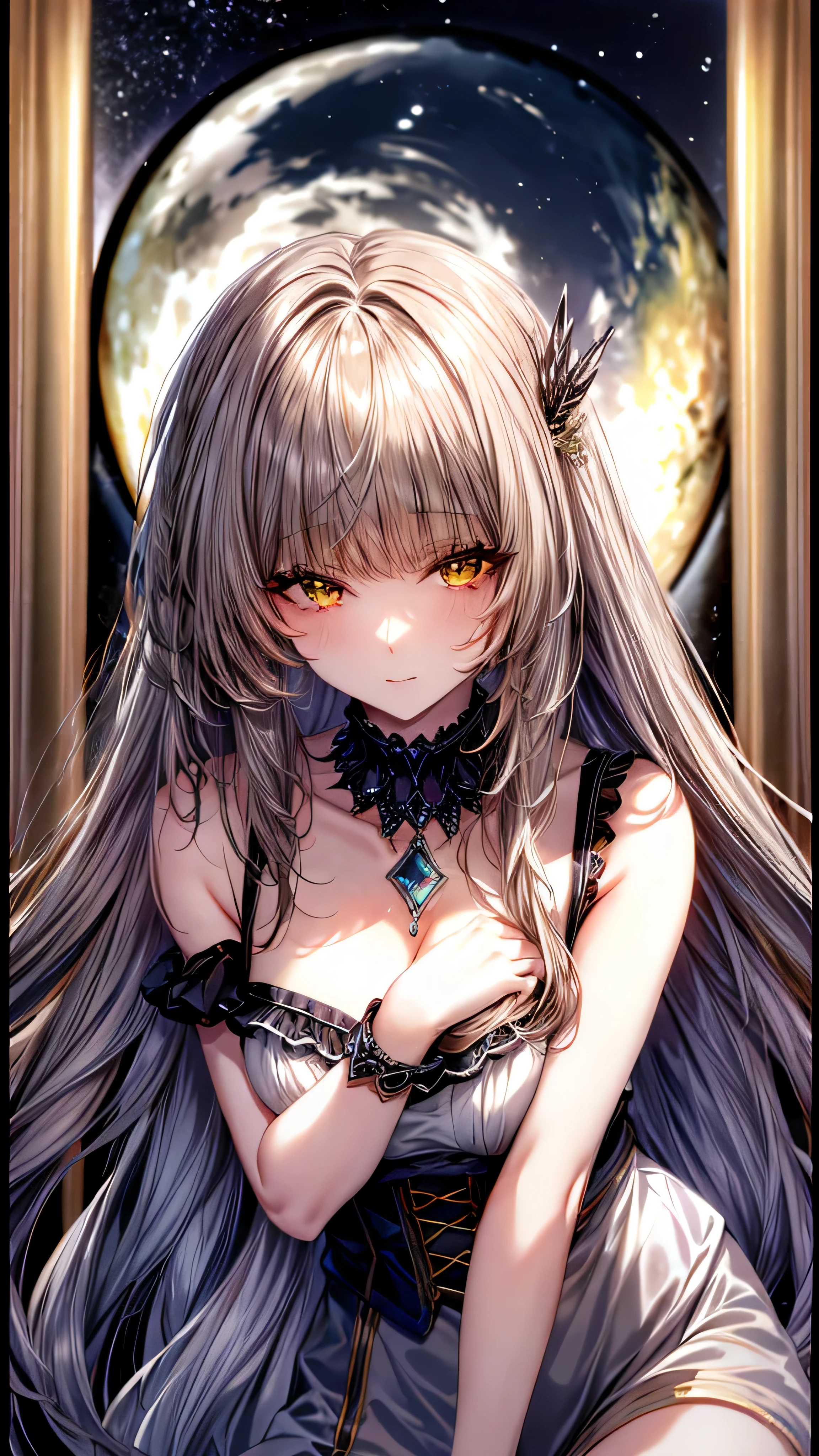 (8k, Highest quality, masterpiece: 1.3),Ultra-high resolution,1 girl, alone, whole body ,Highly detailed face, eye, (Silver-gray hair), thin hair clip, Cyan Color Shift Eyes, Expressive eyes, Ecstatic expression, Bohemian style, cotton, linen,orange, brown, Beaded Necklaces, fringe, Magic Cave, green, purple, Money, dark, Magical Glitter