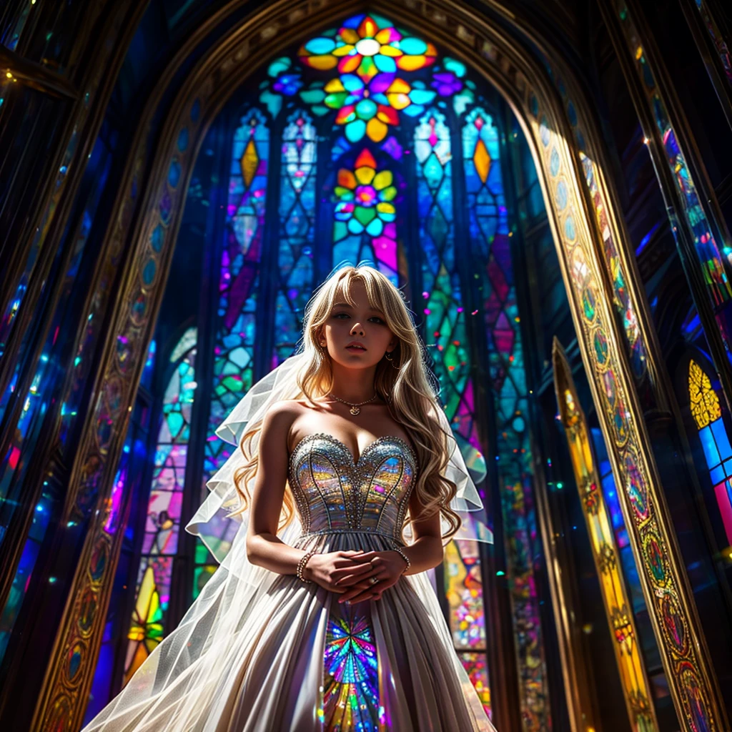 (Cathedral from below:1.28) (ZoomLayer) TopQuality 8K masterpiece of ((Professional photo)), (((Clarisse de Cagliostro))) (Detailed White WeddingDresses), Chain, (((Extremely detailed KAWAII face))) {((VeiledFace))|BlondeHair|(Elaborate BuleEyes)with(SparklingHighlights:1.28)}, The background is distant (((Elaborate stained glass))) Rainbow Glass, {(MysticSight)|EnchantingAtmosphere|Haze|(GodRays)|TyndallEffect}, Radiant PearlSkin with Transparency, (Exposed:0.39)