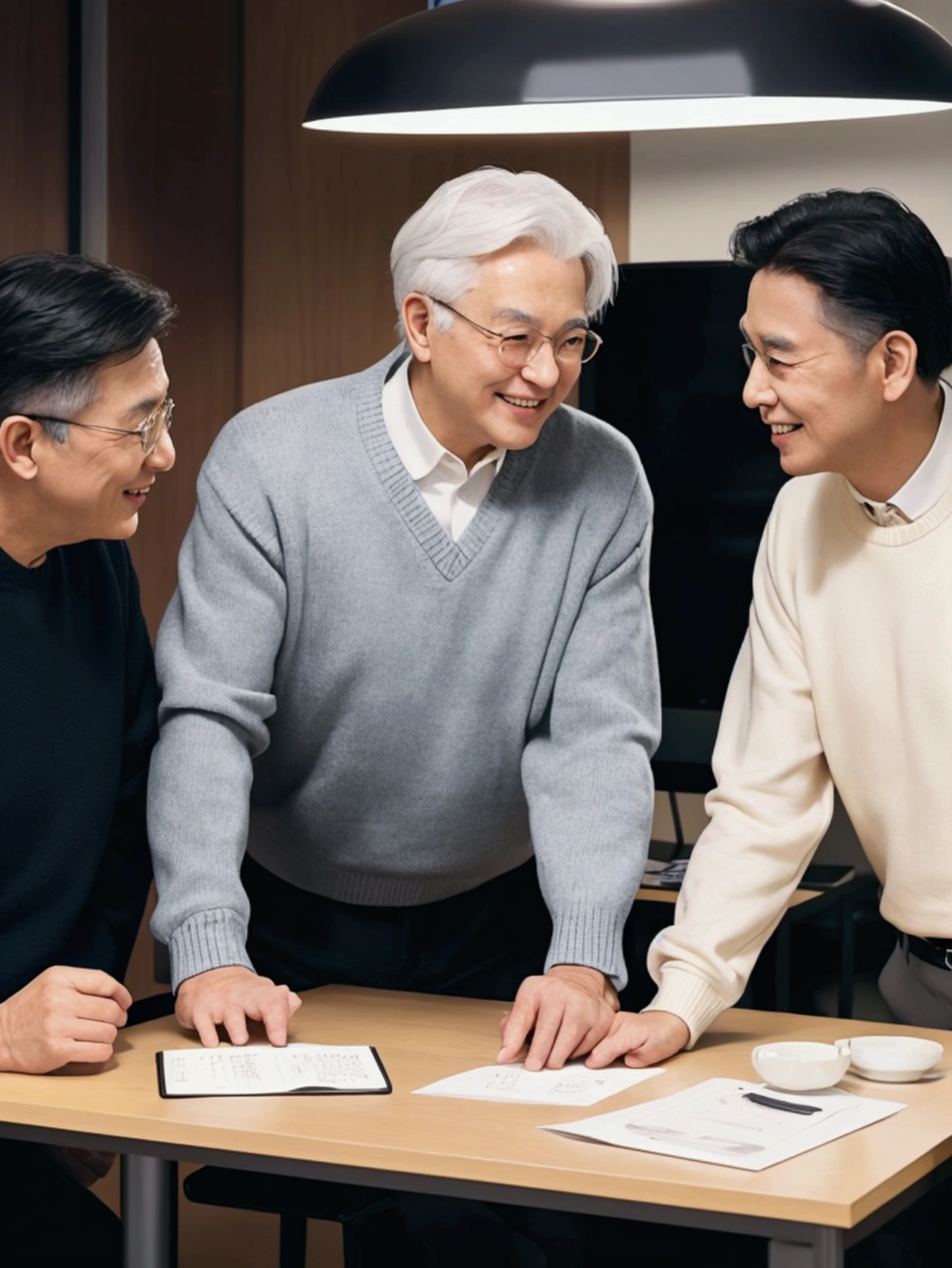 Three white-haired old men,Meeting to discuss the plan,Arguing over the computer,Chinese aunt,Chinese uncle,Have a meeting at the company,office,meeting room,With a badge,Sitting at the table,Desktop,Big table,sweater,side,65 years old,discourse,Happy expression
