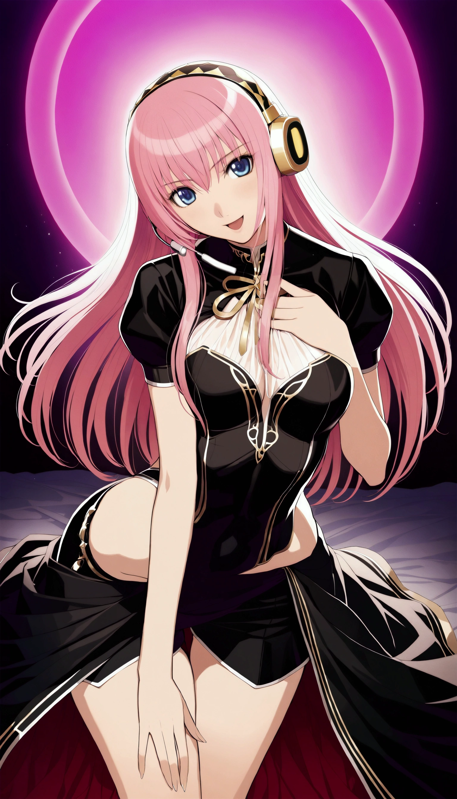 masterpiece,Detailed and beautiful depiction 1.1,Official Art,Beautiful adult woman ,Megurine Luka,Megurine Luka&#39;s official costume,headphone,Black costume with gold decoration,Pink long hair,Blue eyes,smile,Open your mouth,Mr.々A seductive pose,Lift up your skirt to show your shorts,Bedroom