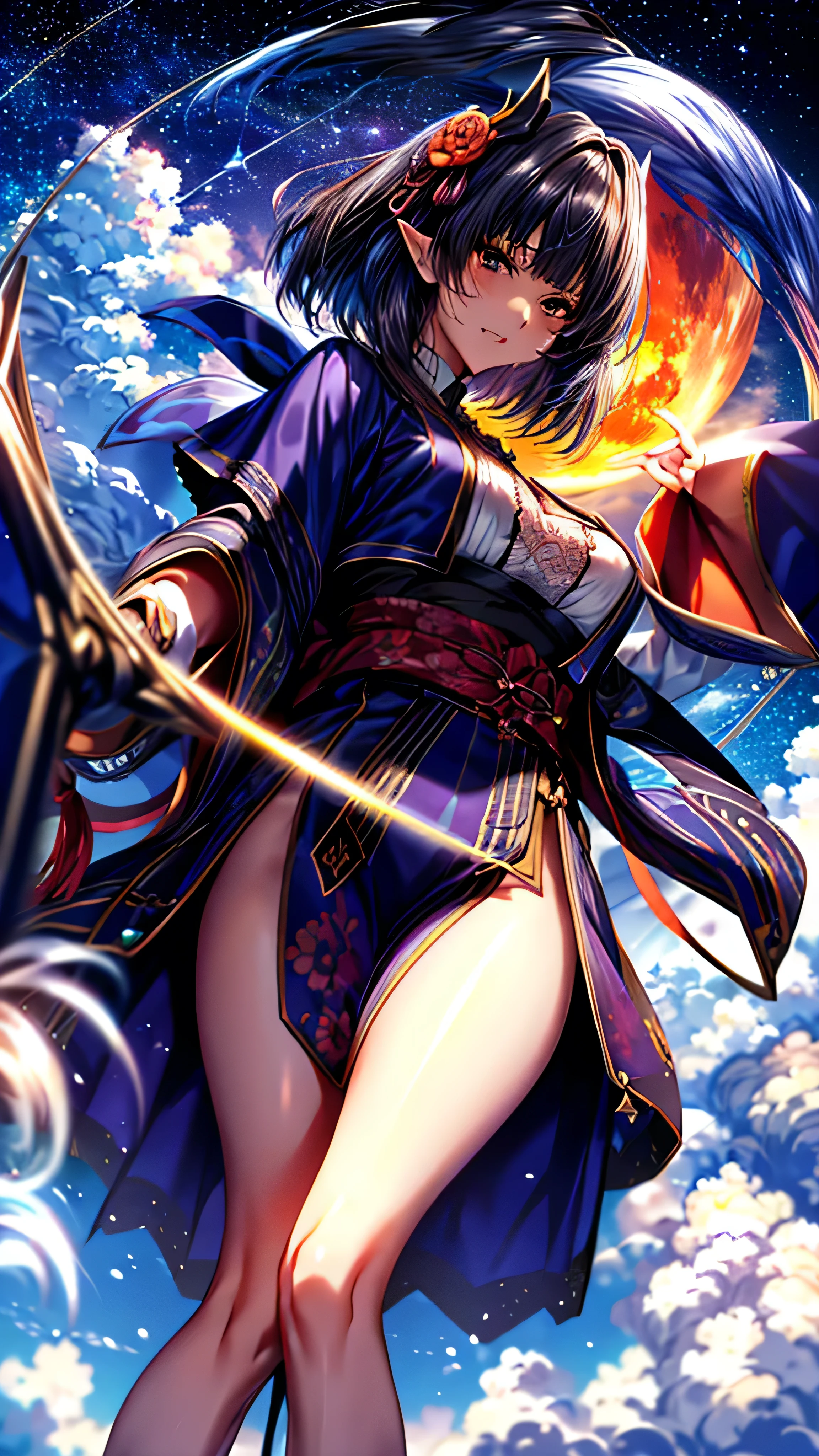 (Highly detailed face, avert your eyes, Gothic fantasy illustration, Ukiyo-e, Comic art),
BREAK
(This is 10,000 feet above ground. The clouds are below, The airship shines brightly against a backdrop of twinkling stars and a red moon.),
BREAK
(Dark Elf: A middle-aged dark elf woman with silver hair., Blunt bangs, Bob cut and dark purple skin, lavender eyes), (Magic User: Dark Elf women、Wearing orange wizard robes embroidered with lace and geometric patterns。), (Magic: She has a shining aura),
BREAK
(Dark Elf women、With lots of puppies、Floating above the clouds in joy and daring poses。. Sparkling light trail. Sparkling light trail. Sparkling light trail. Speed Line:1.2)