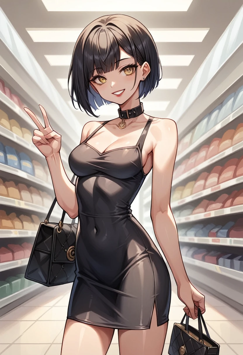  woman with pale skin, red lips smiling with arrogant expression, sharp yellow eyes, slim and proportionate body, long straight black hair, wearing a tight black dress with a loose collar where her cleavage can be admired, v cut on skirt wearing purse in a shopping mall