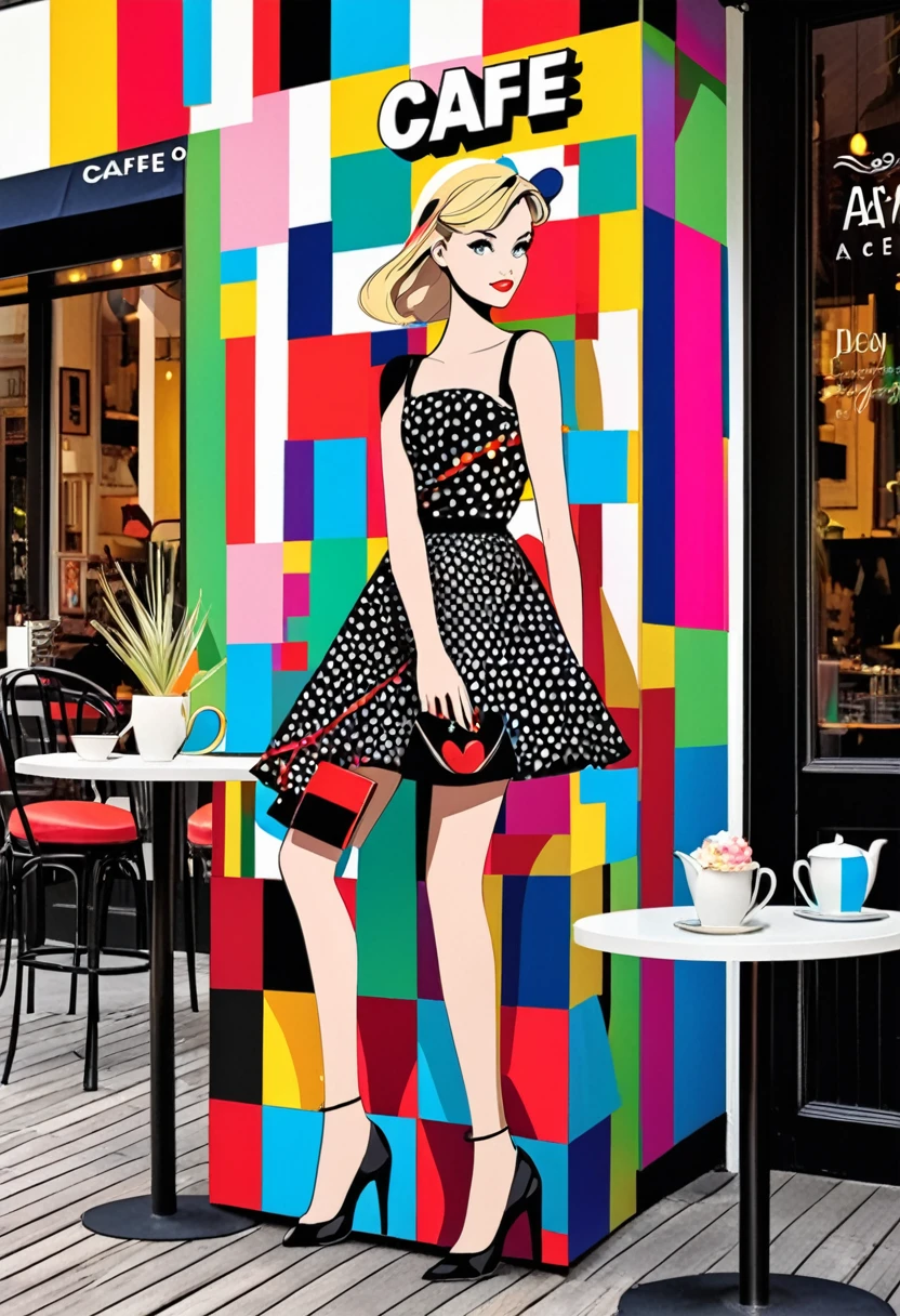 conceptual installation cute pop art, 2.5D, delicate and dynamic, style that combines Disney, Grimm, Aesop and Andersen, fashion model, photographed in front of a cafe terrace, magazine cover-like, shading, colorful patchwork of contrast magic, conceptual installation pop art, abstract effects