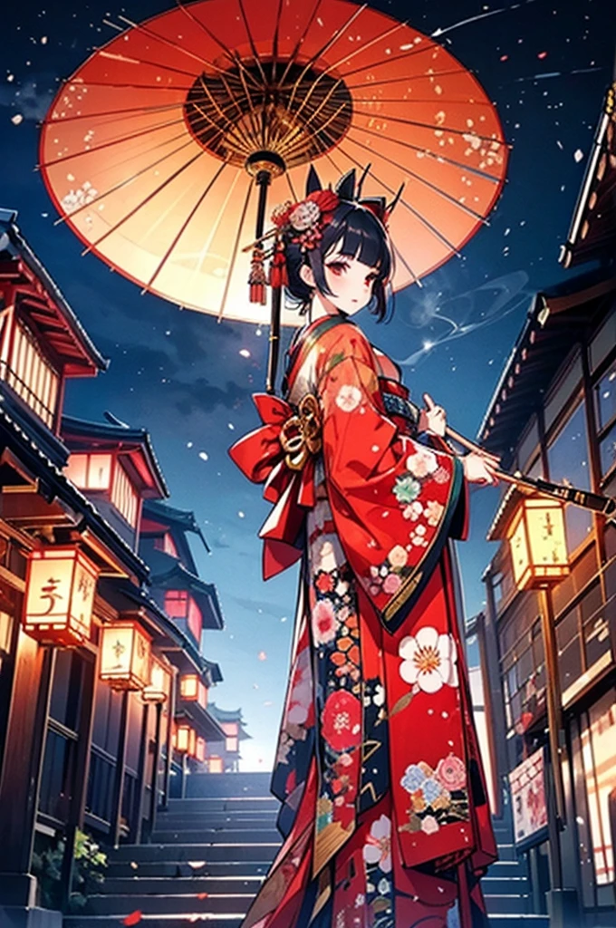 god々しく華やかに飾られたOiran,from behind,whole body,Oiran,kimono,luxurious makeup,(Gorgeous costumes:1.2),(Oiranの髪飾り,Big Barrel),Large umbrella,(Smoke pipe),Osaka Castle seen in the distance,Oiran道中,Night scenery with lanterns lined up,Dynamic movement and powerful brushstrokes、Drawing strokes drawn with rot ring 0,