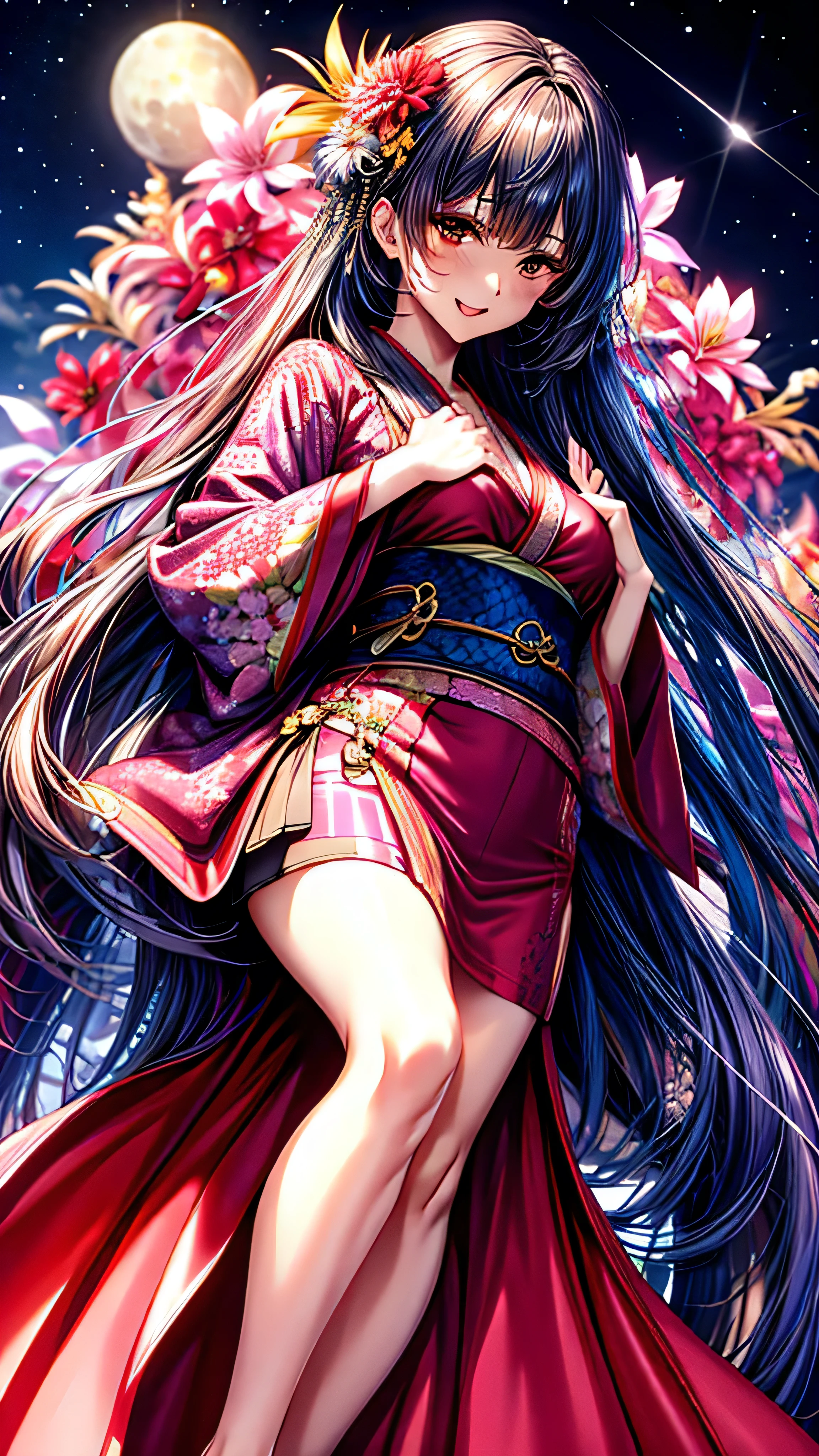Moonlit Night、Holding a dagger in his right hand、Pink shiny dress、The kimono is dotted with floral patterns..、Only the belt is red、Shiny latex-like fabric、The dagger in his right hand shines pale in the moonlight..、The best smile、The background is the night sky、Countless stars twinkle in the night sky、Creepy Smile、The kimono has a shiny floral pattern.、Realistic、