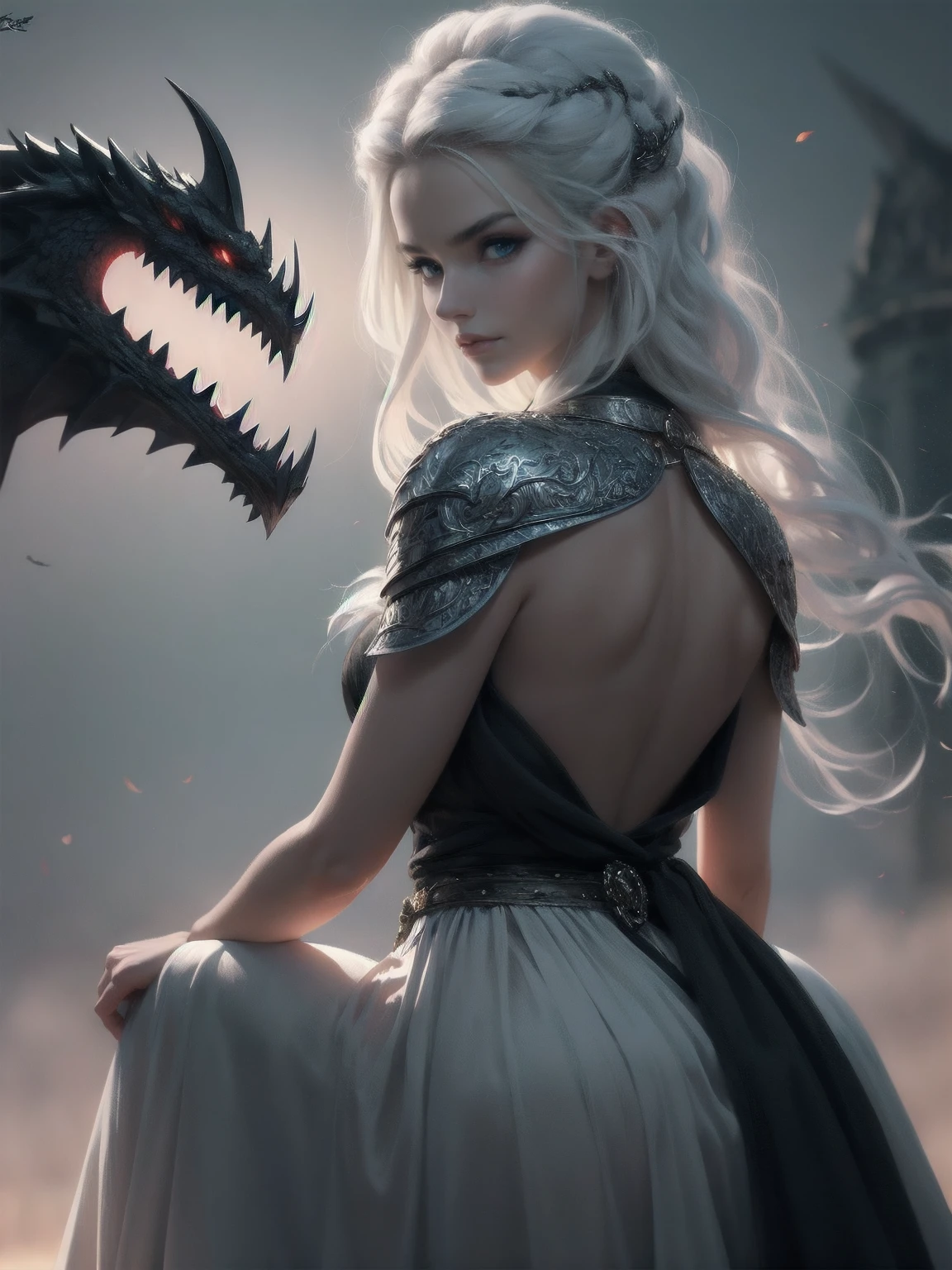 {-erro_de_anatomia:1.0} woman 30 years old, north,viking clothes, (nordic dress), dark castle, a woman (baela targaryen), black woman, (black skin) medium hair, white curly hair (white hair), (blue eyes) . Indifferent look , merciless. among the dragons, dinamic poses, egoist smile, upper body, angry face, sitting, backwards, looking back