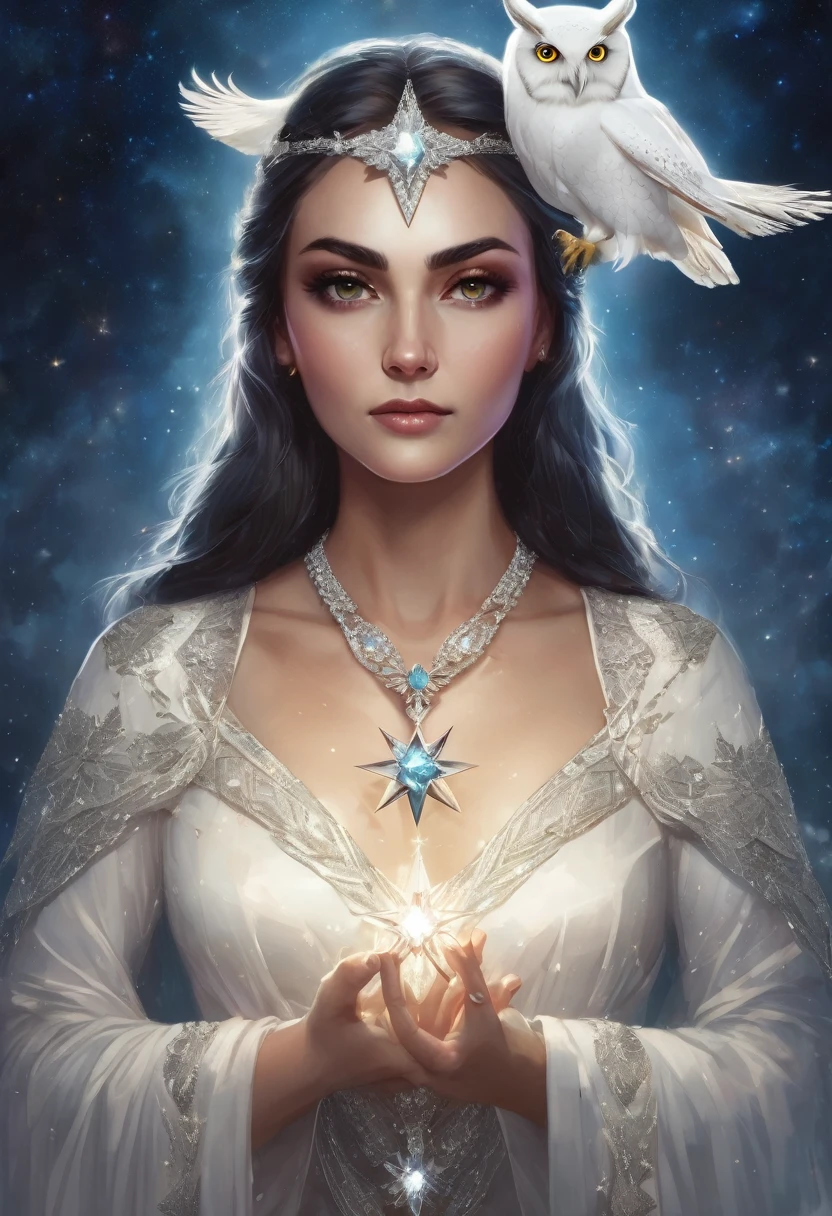 a beautiful woman and powerful witch, holding a shining star in her right hand and a white owl in her left hand, wearing a diamond-shaped crystal necklace, with a white 6-pointed star shining on her head.
