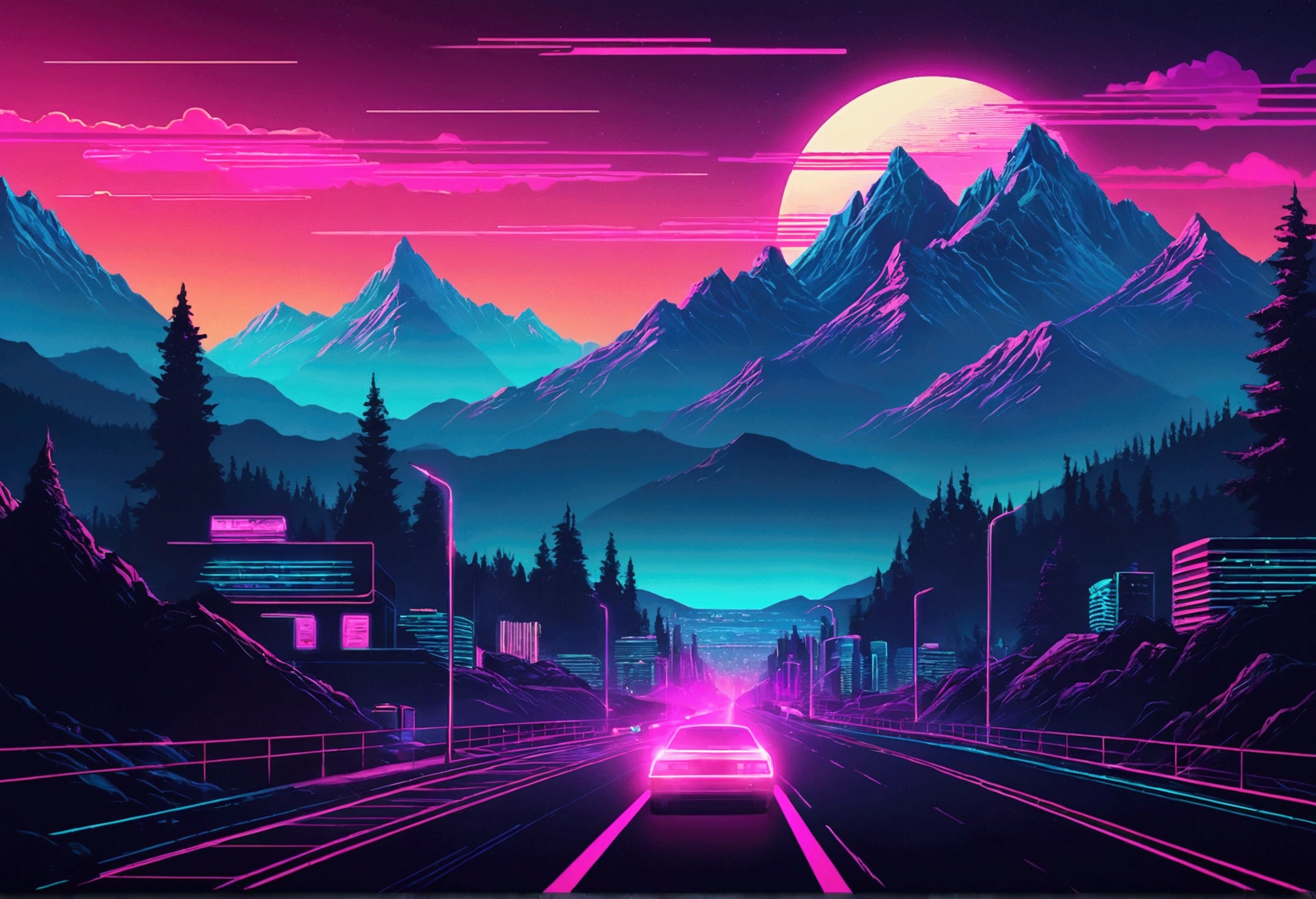 retrowave city in the mountains