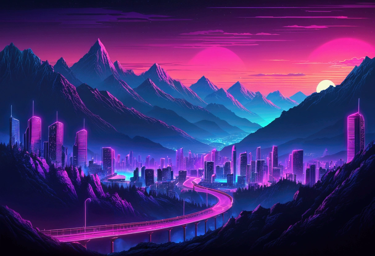 retrowave city in the mountains