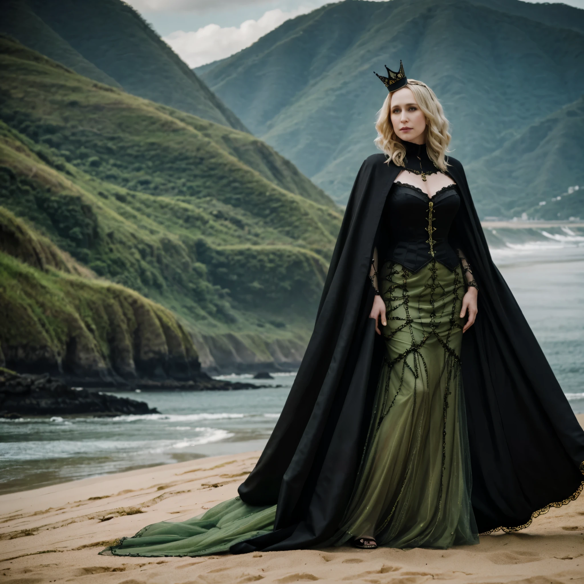 Full body of Vera Farmiga with a golden crown, blonde platinum hair, pale skin, green eyes, gothic victorian dress, black makeup, black cape, golden jewels, gothic visual, in the background a landscape of Brazil with beach and mountains, at day
