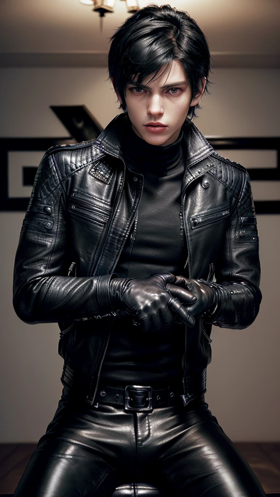 Final fantasy taste and reality graphics, ((Japanese young cute and cool ikemen  boy)), his age is early 20s, thin eyebrows and beady eyes,  ((he wearing black color leather  thick and heavy material jacket)), ((jacket is single-brest)), , ((jacket is large size)),((with epaulet)), ((jacket is long sleeve)), ((zip up, front of the leather jacket)), , ((voluminous leather jacket)), ,((jacket is high length, and stand-up collar)) ((jacket collar with two belts)), ((jacket is a little black color line pattern)), ((also wearing black thick material turtleneck lackluster shirts)),  ((tight black leather pants)),  ((put black leather tight and thin glove on both hands)), ((black leather glove)),((black leather knee-high raceup boots)),((must views  head-to-toe)),((must views whole body)), ,((Do not show skin from the neck down)),leather jacket leather glove and leather pants have few wrinkles, Avoid showing your innerwear,zip up jacket fastner.((must put on a leather glove)).
Boy is black hair.boy looks like fashion model.
Boy in the dim room.