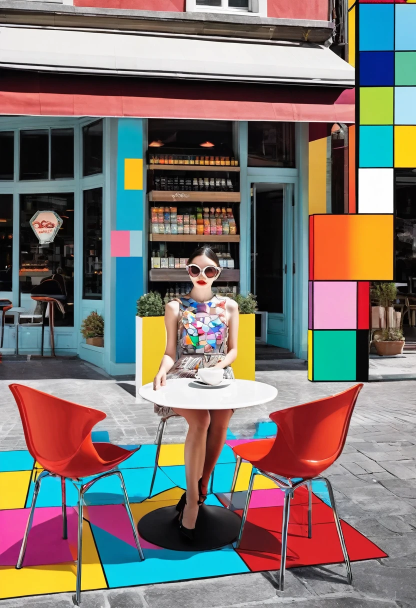 conceptual installation cute pop art, 2.5D, delicate and dynamic, style that combines Disney, Grimm, Aesop and Andersen, fashion model, photographed in front of a cafe terrace, magazine cover-like, shading, colorful patchwork of contrast magic, conceptual installation pop art, abstract effects