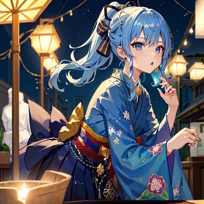 Little:1.8,kimono,Girl in yukata,Blowing in the wind,Summer festival,night,Opening a store,Spirit Stream,Large fireworks:1.7,night空に打ち上がる花火:1.8,ponytail,Dutch Angle Shot,shot from the ground,Low - Angle,Full Body Shot,Long Shot,(Tabletop: 1.3), (Exquisite detail: 1.2), Delicate and beautiful details, (Eye details), (Facial details), (Highest quality) :1.4), (Super Resolution: 1.2), (Highly detailed illustration),Highest quality,Depth of written boundary, Wide Light, Natural Shadows
