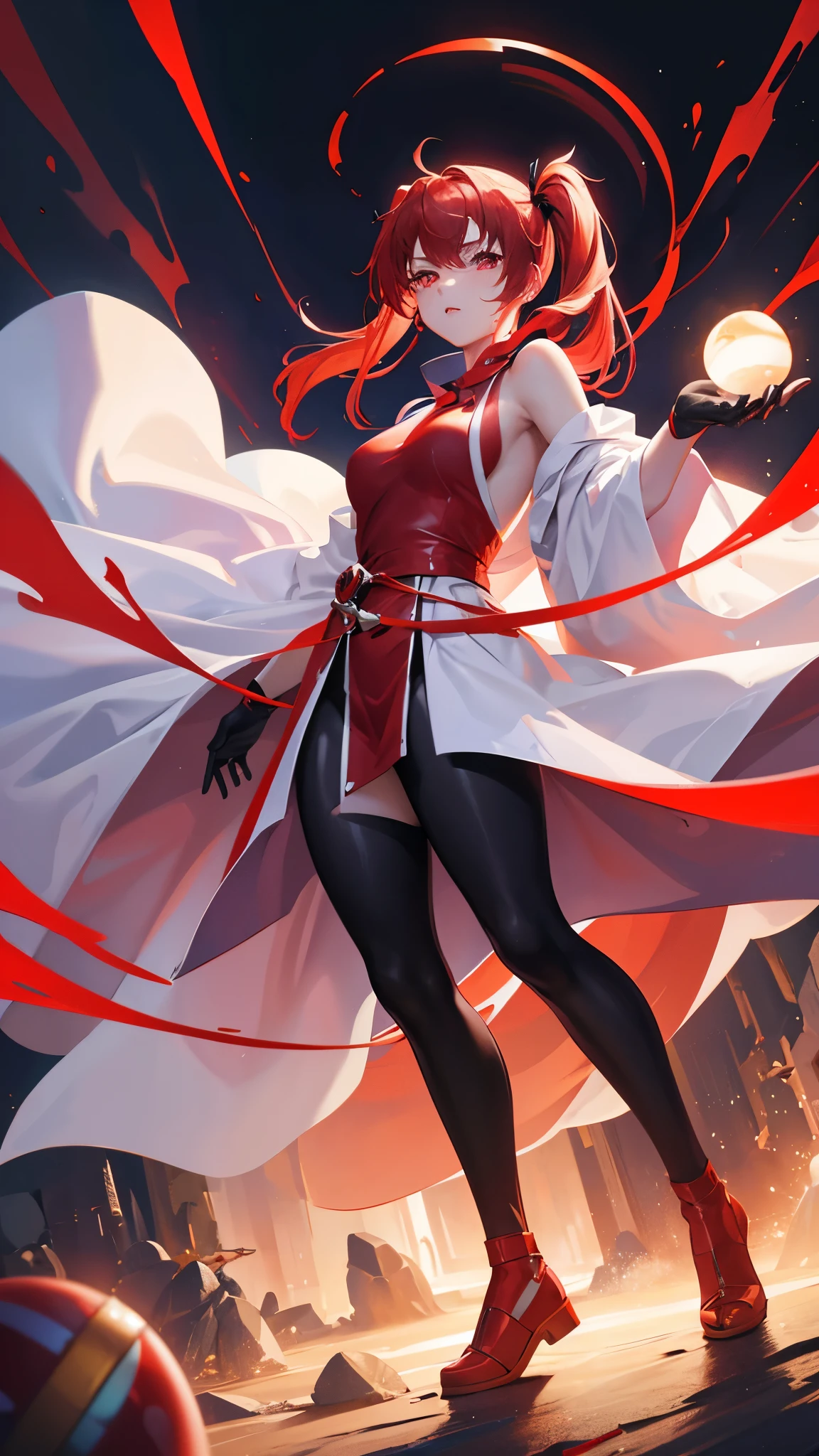 18 years old, red hair, pig tails hair, red eyes, in a full body robe with leggings, masterpiece, high quality, glowing energy ball in right hand, shoulders exposed, gloves, ready to fight pose, 4k, magician, glow effect, red energy intertwined in an atmospheric beauty, crazy glow effect, cinematic atmosphere 