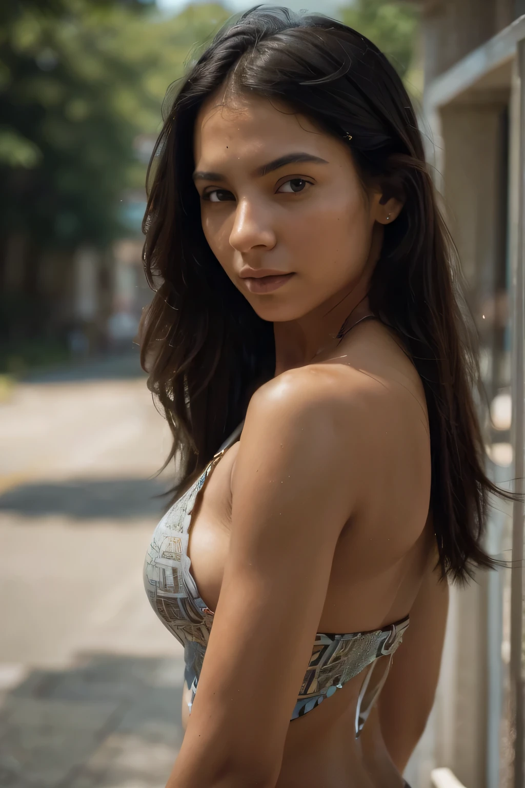 (high qualiy: 1.3), cinematic shot, work of art, (sharp focus: 1.5), (photorrealistic: 1.3), Medium portrait of (a beautiful young woman, latina skin, straight black shoulder length hair, shady look, summer clothes, sunny atmosphere, (highly detailed skin), (face detailed),  detailed back ground, natural lighting, volumetric lighting, complexdetails, ultra HD,