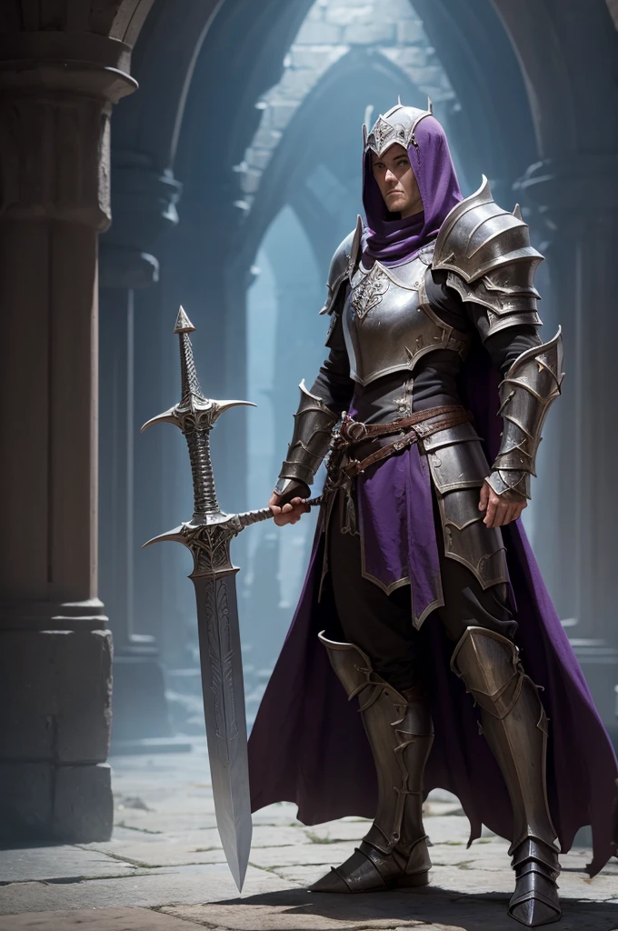 Create a tall dungeon and dragon paladin with a greatsword and imposing armor.