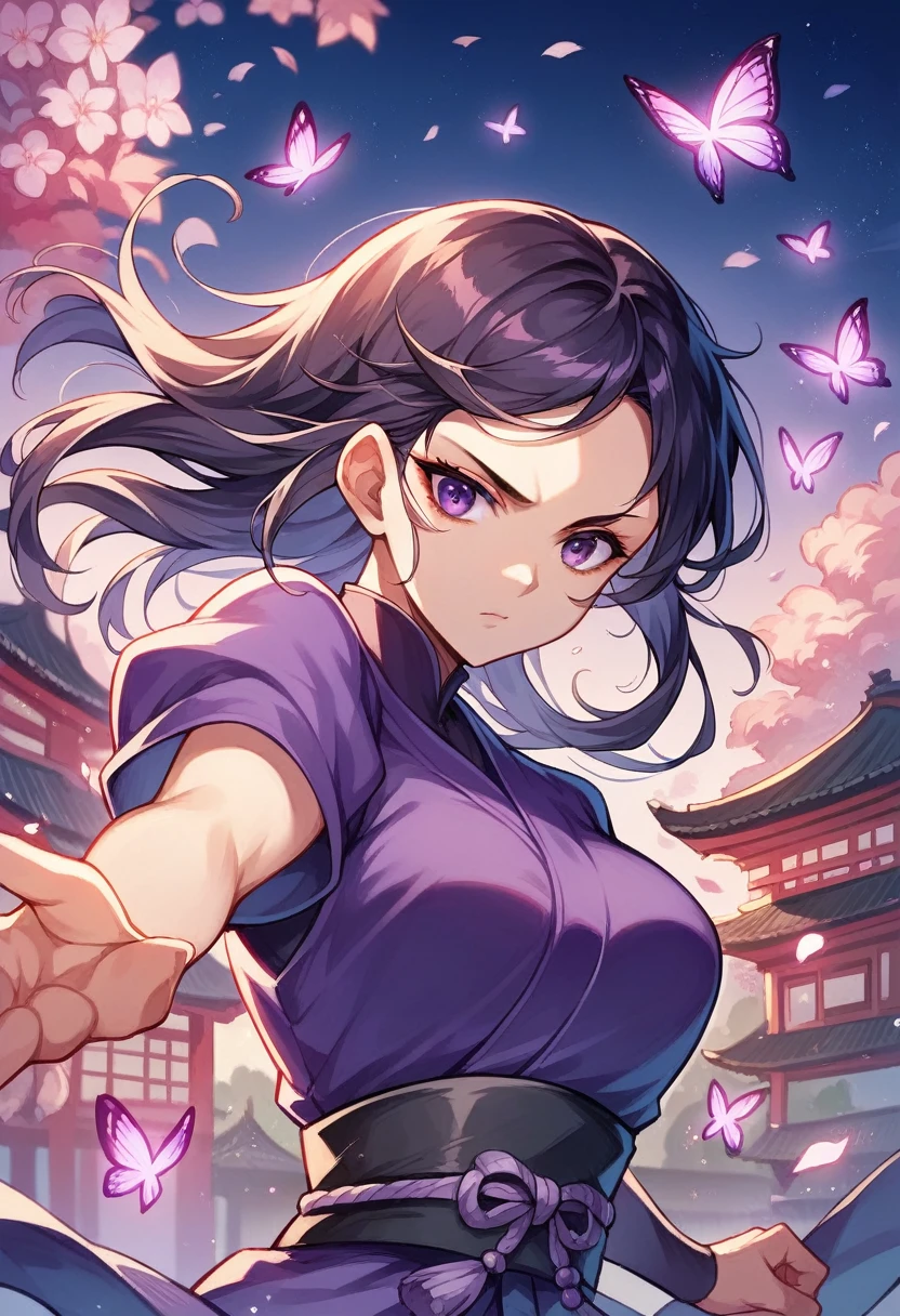Anime style. Girl with long brawn hair, purple eyes, eyes with black eyeliner, beautiful face, defined body. High details. Masterpiece. Ninja black purple outfit. Background, old Japanese style city at night. Flowers and butterflies background. Powerful girl. Fighting pose.