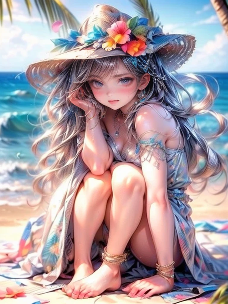 pretty young girl wearing a funny hat sitting on a beach, 1girl, solo, long hair, barefoot, hat, jewelry, beach, flower, nail polish, sitting, toenail polish, day, braid, hair ornament, very long hair, outdoors, toenails, palm tree, purple eyes, ocean, swimsuit, (best quality, 4k, 8k, highres, masterpiece:1.2), ultra-detailed, (realistic, photorealistic, photo-realistic:1.37), through bangs, beautiful detailed(eyes, lips), cute face, vibrant colors, natural lighting, dynamic pose, intricate details, detailed facial features, long eyelashes, full lips, cinematic, fantasy, adventure