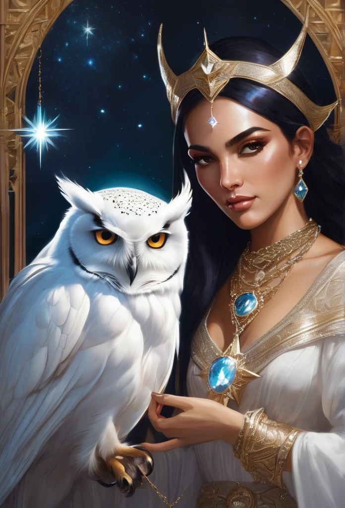 a beautiful woman and powerful witch, holding a shining star in her right hand and a white owl in her left hand, wearing a diamond-shaped crystal necklace, with a white 6-pointed star shining on her head.
