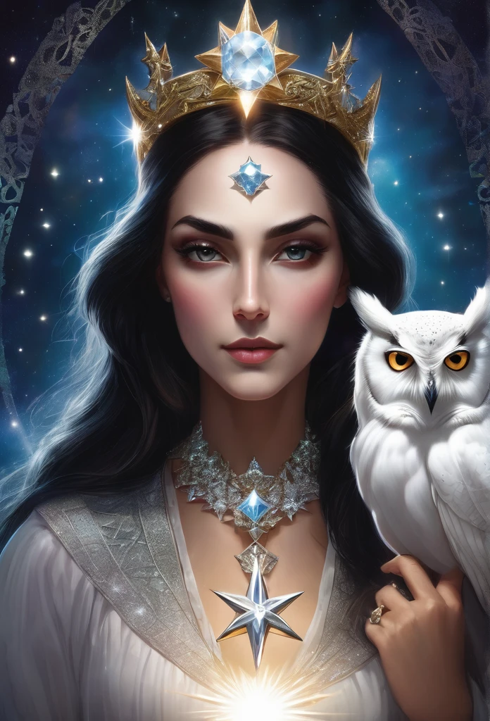 a beautiful woman and powerful witch, holding a shining star in her right hand and a white owl in her left hand, wearing a diamond-shaped crystal necklace, with a white 6-pointed star shining on her head.