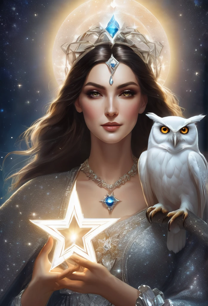 a beautiful woman and powerful witch, holding a shining star in her right hand and a white owl in her left hand, wearing a diamond-shaped crystal necklace, with a white 6-pointed star shining on her head.