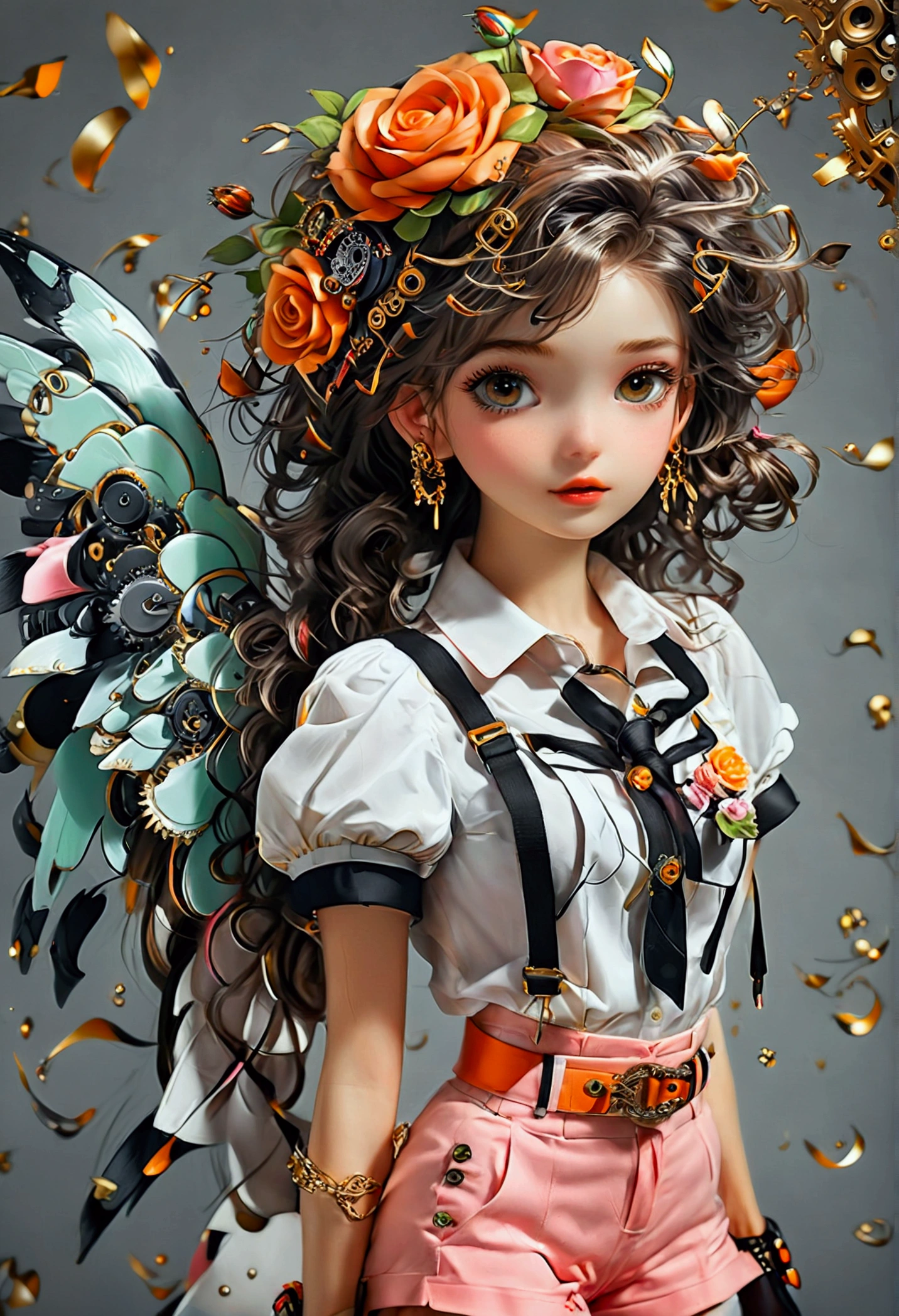woman 165cm tall, (whole body: 1.5), slim build, small face, , charming look, wide hip, (((heterocromia: ojo right naranja y ojo izquierdo violeta))), (neck length fluffy wavy gray hair, a medium braid on the left side of the hair: 1.2, big open bangs, largo flequillo en el lado izquierdo y right del cabello sobre las mejillas , golden gear hairpin on the left side of the hair: 1.1), (((complex mechanical legs up to the hip, The legs are black with gray parts and small pink details))), (((complex mechanical arms up to the elbows, The arms are black with gray parts and small pink details))), ((a pair of complex white mechanical angel wings with pastel green parts)), (elegant black French beret, orange rose ribbon on the beret: 1.2), (elegant white shirt with vertical black lines with short sleeves and buttons, dark brown shorts with straps from the waist, elegant black belt, small rose brooch on shirt collar, beautiful mechanical stilettos, large stylish side pocket on the belt: 1.3), (((full body character design sheet: vista 3/4))), ((Pastel yellow background)), extremely detailed hair, beautiful detailed clothing, extremely detailed arms, extremely detailed face, (Extremely detailed hands), perfect hands, beautiful detailed eyes, beautiful detailed lips, adorable, extremely detailed legs, (Best Quality, 8k, ultra resolution), ultra detailed, Exquisite and epic character art, (Focus on symmetry), (extremely detailed wings), (body position: standing, right, symmetrical), looking at the viewer.