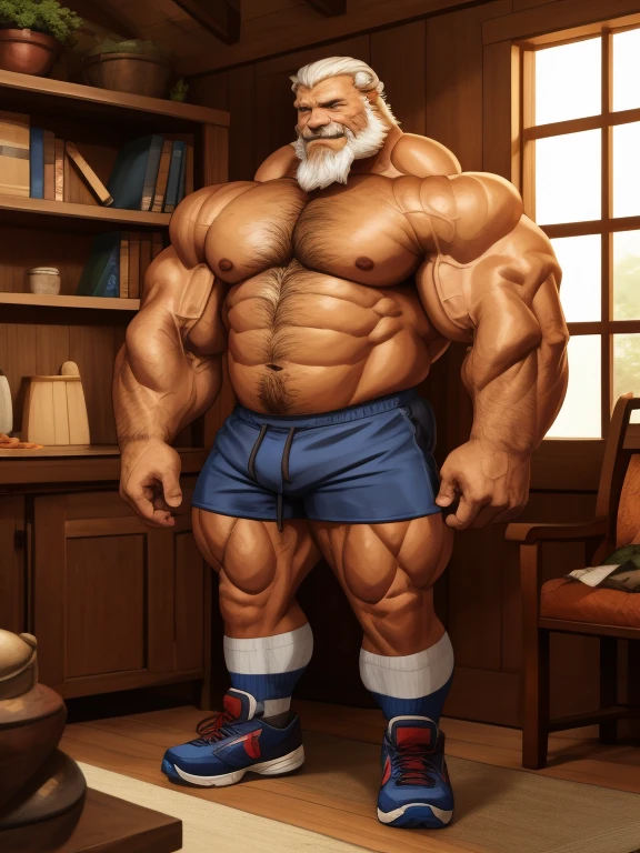 a potrait, half body, semirelistic:1.2, massive muscle, masterpiece, detailed face, muscular old man in front house, old man, bearded. white hair and beard, bearded, ((muscular, pectoral, wide pectoral, huge pectoral, thick arm, huge arm)), realistic, 8k, masterpiece, (wearing shorts and shirtless:1.3, topless, shoes), smile, brown bear