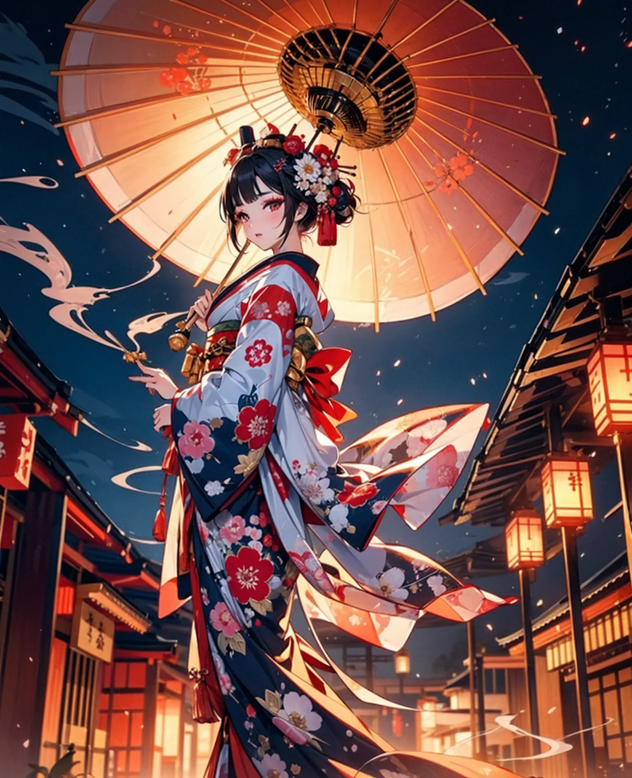 god々しく華やかに飾られたOiran,from behind,whole body,Oiran,kimono,luxurious makeup,(Gorgeous costumes:1.2),(Oiranの髪飾り,Big Barrel),Large umbrella,(Smoke pipe),Osaka Castle seen in the distance,Oiran道中,Night scenery with lanterns lined up,Dynamic movement and powerful brushstrokes、Drawing strokes drawn with rot ring 0,