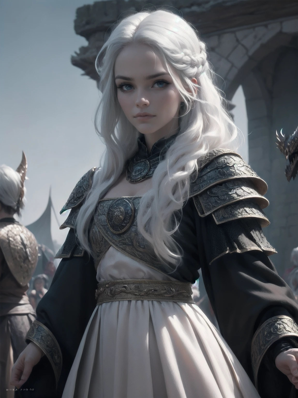 {-erro_de_anatomia:1.0} woman 30 years old, north,viking clothes, (nordic dress), dark castle, a woman (baela targaryen), black woman, (black skin) medium hair, white curly hair (white hair), (blue eyes) . Indifferent look , merciless. among the dragons, dinamic poses, egoist smile, upper body, angry face, 