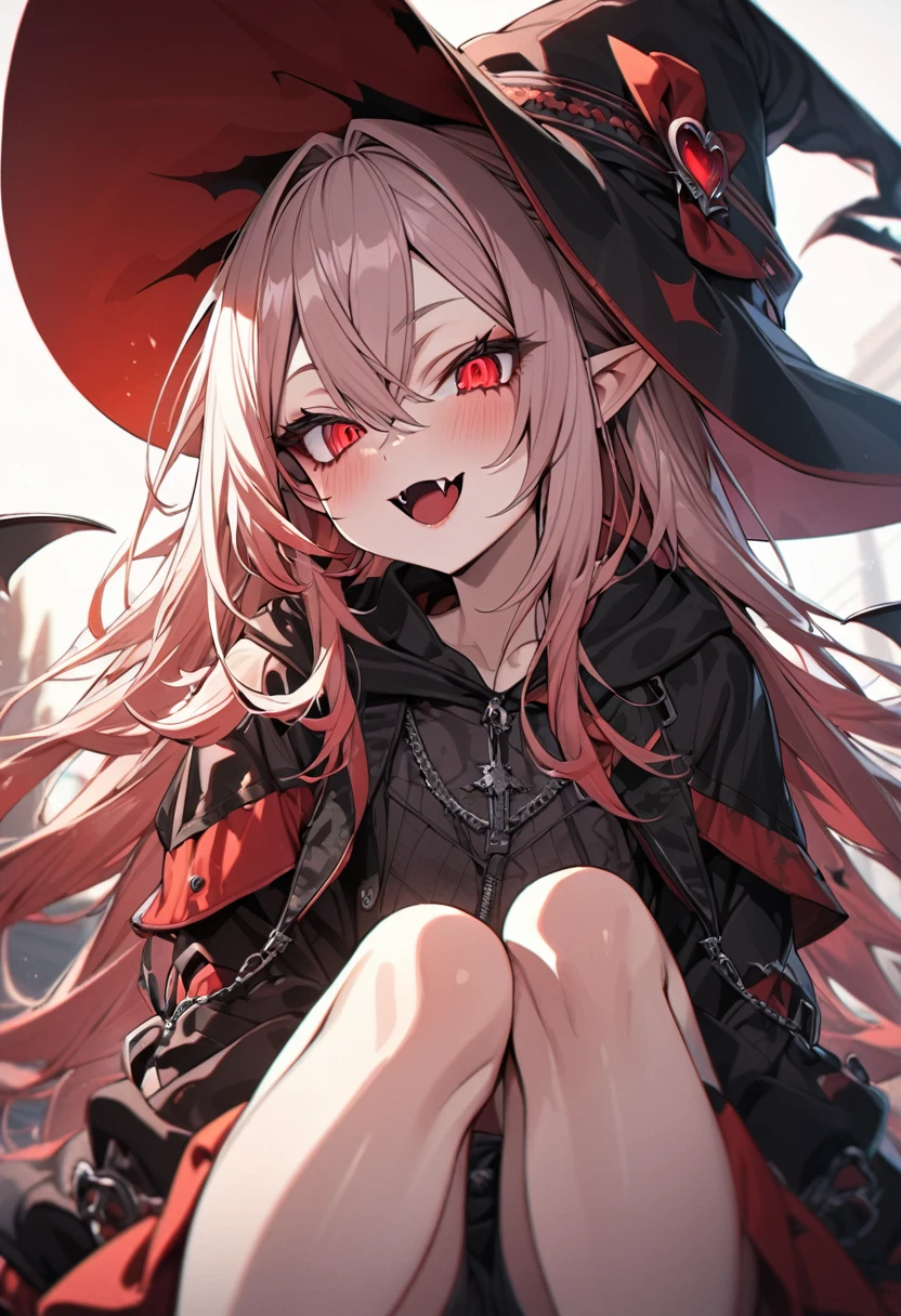 anime girl, long straight hair, cherry colored hair, Red eyes, Elf's ears, vampire fangs, witch hat, detailed eyes, ultra detailed, high quality, teenager,