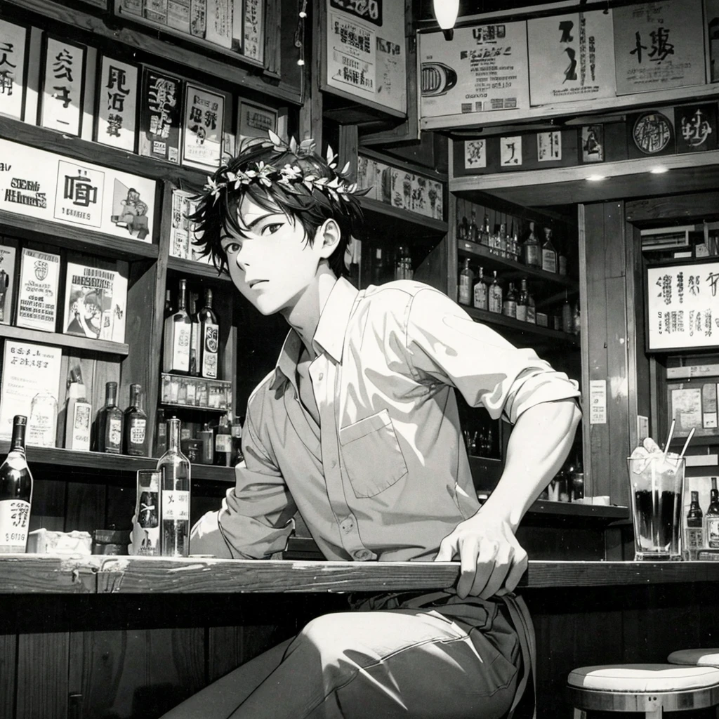 Create a cover with a young man from the back drinking at a bar in 1980s Japan, the boy has a laurel wreath on his head.