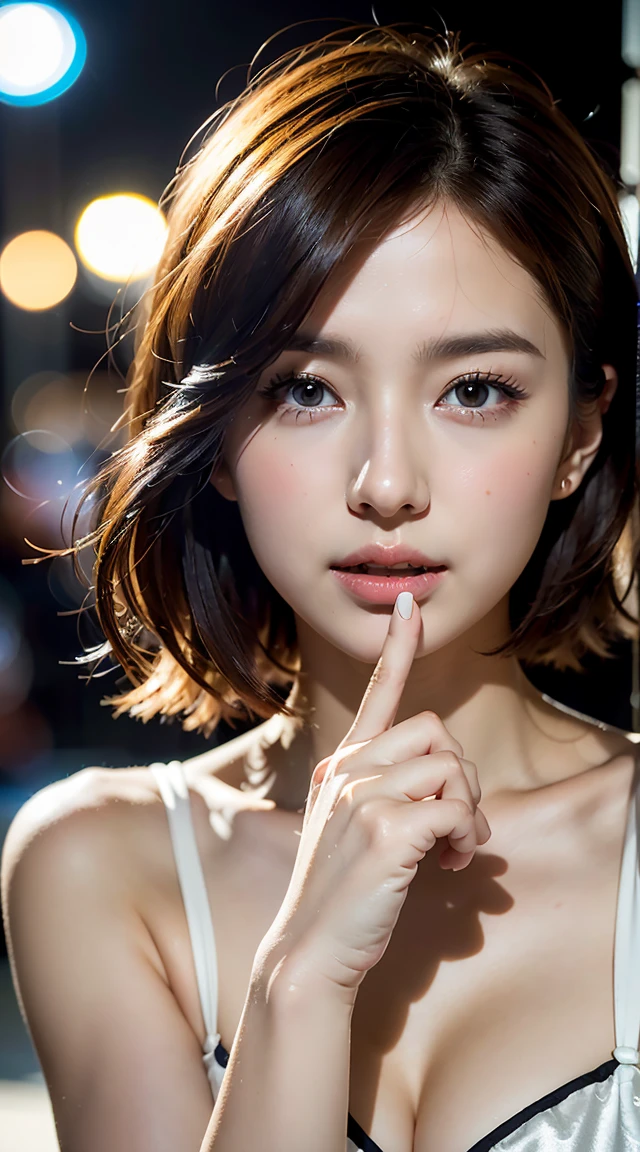 Girl with Camera, mix 4,(8K, RAW photo, highest quality, masterpiece:1.2), (realistic, photo-realistic:1.37),1 girl,cute,cityscape, night, professional lighting, photon mapping, radio city, Physically based rendering, gradient brunette hair, short curly hair, good looking, girly, white ball set, excellent image quality, High resolution, 1080P, (clean face), (Detailed facial description), (detailed description of hands), (masterpiece), (Detailed CG), extreme light and shadow, messy hair, masterpiece, Rich details, (exquisite features), (best image quality), (masterpiece), (fine eyes), looking forward to your eyes, delicate clavicle