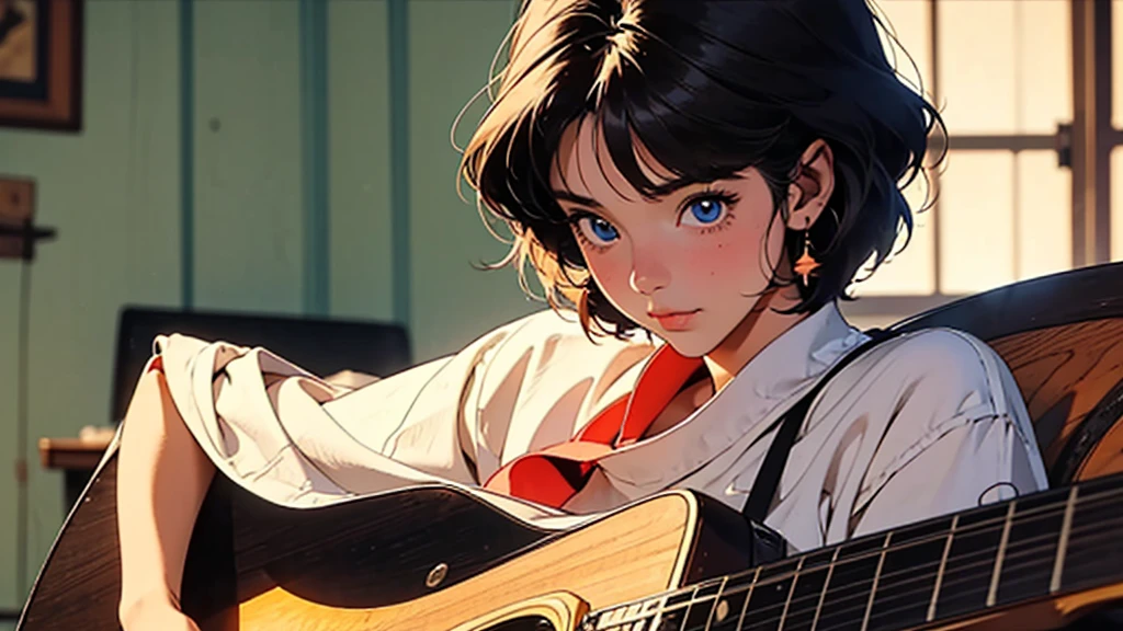 Style: 80s anime style, ultra-high resolution, super detailed, perfect lighting. Main Character: A girl with short hair, blue eyes, and a small, rounded nose. She is facing forward with her face and torso aligned forward. Accessory: The girl is holding and playing a guitar. Setting: The scene is set in a bedroom with a window. Sunlight is coming through the window, illuminating the scene. Action: The girl is looking at the guitar while her hands are playing it. Additional Details: The background shows landscapes visible through the window.