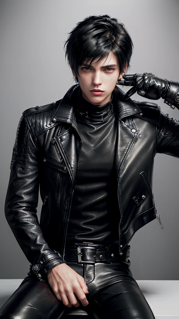 Final fantasy taste and reality graphics, ((Japanese young cute and cool ikemen boy)), his age is early 20s, thin eyebrows and beady eyes, ((he wearing black color leather thick and heavy material jacket)), ((jacket is single-brest)), , ((jacket is large size)),((with epaulet)), ((jacket is long sleeve)), ((zip up, front of the leather jacket)), , ((voluminous leather jacket)), ,((jacket is high length, and stand-up collar)) ((jacket collar with two belts)), ((jacket is a little black color line pattern)), ((also wearing black thick material turtleneck lackluster shirts)), ((tight black leather pants)), ((put black leather tight and thin glove on both hands)), ((black leather glove)),((black leather knee-high raceup boots)),((must views head-to-toe)),((must views whole body)), ,((Do not show skin from the neck down)),leather jacket leather glove and leather pants have few wrinkles, Avoid showing your innerwear,zip up jacket fastner.((must put on a leather glove)).
Boy is black hair.boy looks like fashion model.
Boy in the dim room.