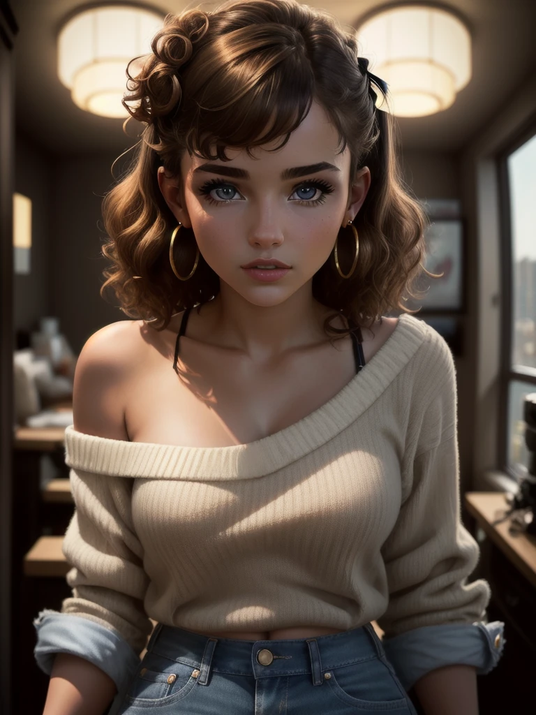 illustration, style of Philip Lorca diCorcia, cinematic film still portrait of young girl aged 18 yrs old, 1girl, solo, Instagram model, athletic figure, pretty face, wearing an off the shoulder brown sweater, wearing jean shorts, light brown hair, short curly hair, crossed bangs, constricted pupils, hair ribbon, hoop earrings, cinematic lighting, Ultra-Wide Angle, Canon, Hyperrealism, UHD, masterpiece, textured skin, high details, best quality, detailed eyes, detailed iris, close up view