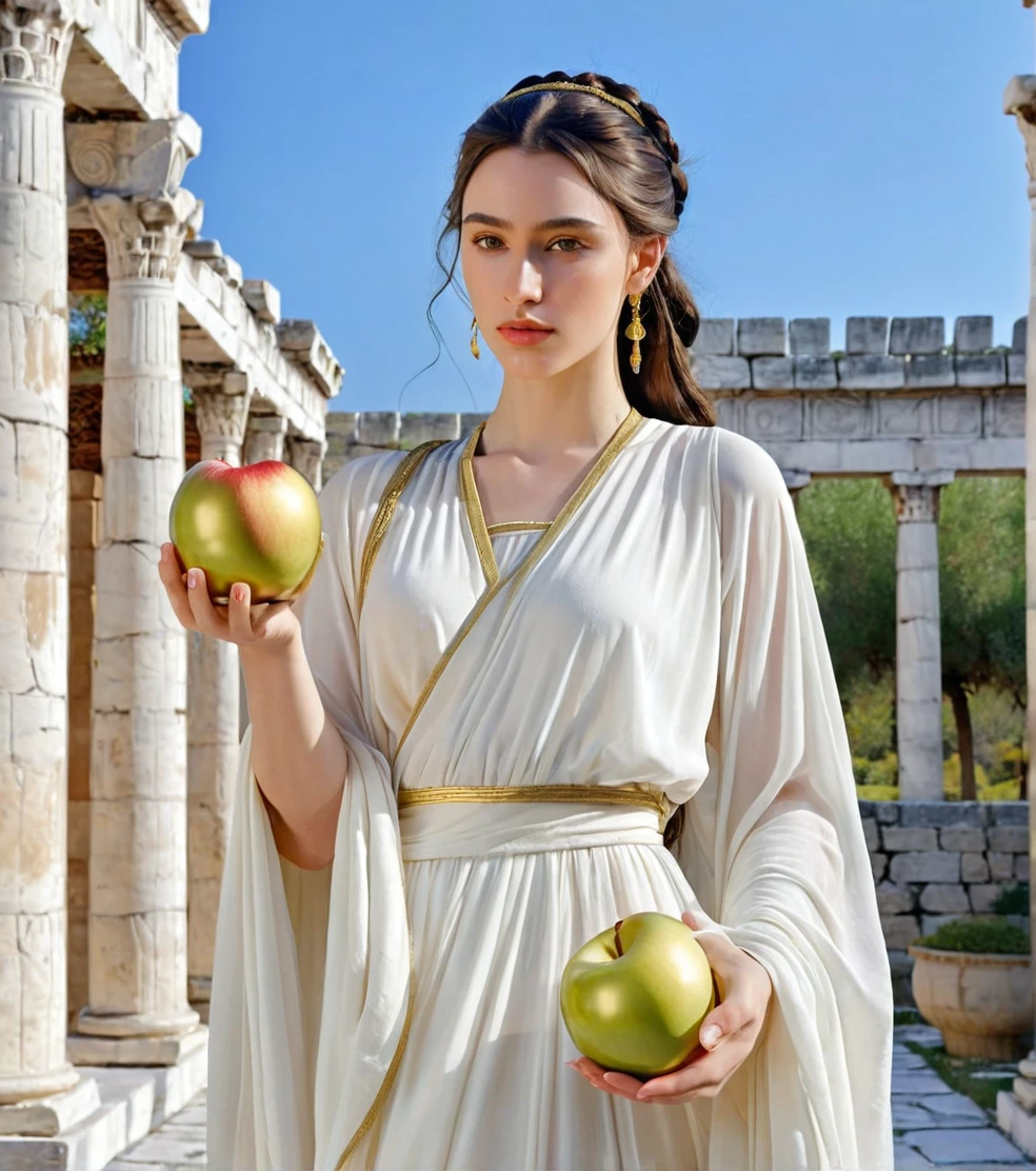 Powerful Greek goddess Eris holding a golden apple in one hand and with the other holding a dagger and she is wearing classical Greek clothes and in the background there is an ancient Greek garden with temples from classical times, body skinny, black, slightly wavy hair down to the shoulders, breasts big, shoulders outside, caucasian white skin, gray green eyes, barefoot, serious and determined face, beautiful and young face, photo realist, professional photograpy, perfect contours, majestic and elegant woman, best qualityer, hight contrast, high saturation, High- sharpness, Ablaze