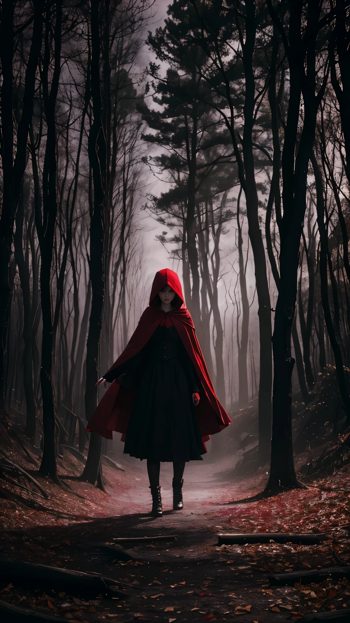 "A 1970s-style photo of Little Red Riding Hood, reimagined in a dark fantasy style by Tim Burton. The image should have a dark and mysterious atmosphere, with tones of black, red, and gray. Little Red Riding Hood should wear a worn red cloak and hood, set in a dark and twisted forest with gothic and fantastical elements typical of Burton, such as oddly shaped trees and a cloudy sky with a pale moon."
