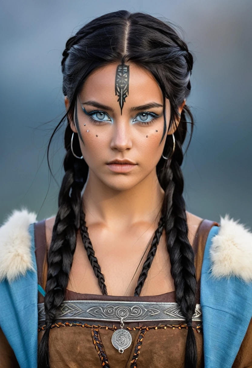 I want you to create a character from A Great Beauty.  She is a 25-year-old young woman with Apache features with her long straight black hair that is styled with Viking-style braids and a face with tanned skin, common among her native people.   The color of her light blue eyes contrasts with her skin color, creating a penetrating and expressive look.   She will be wearing clothes similar to Viking women.  and her eyes were painted with black paint to cover them.   as part of a war ritual.   She is a warrior