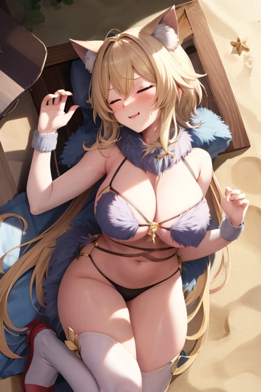 masterpiece, best quality, beautiful art, high resolution, well formed hands, body and fingers, 1 woman, solo, Lumine , blonde, full body picture, grown up, adult, large and rounded breasted, cleavage, hair ornament, wearing a Dangerous Beast outfit , dangerous_beast_cosplay, claws, fangs, wolf ears and wolf tail, full body, sexy and skimpy bikini, gorgeous hips, legs and thighs bouncing breasts, red boots,ryona,in peril, she is defeated, knocked out, passed out, closed eyes, exhausted, unconscious, laying down on the sand, extended exposed body, full body on the sand, breathing heavily, sexy smirk on her face, bouncing breasts, sexy defeated pose, defeat and KO scene, fallen beauty, martial arts tournament with beach environment