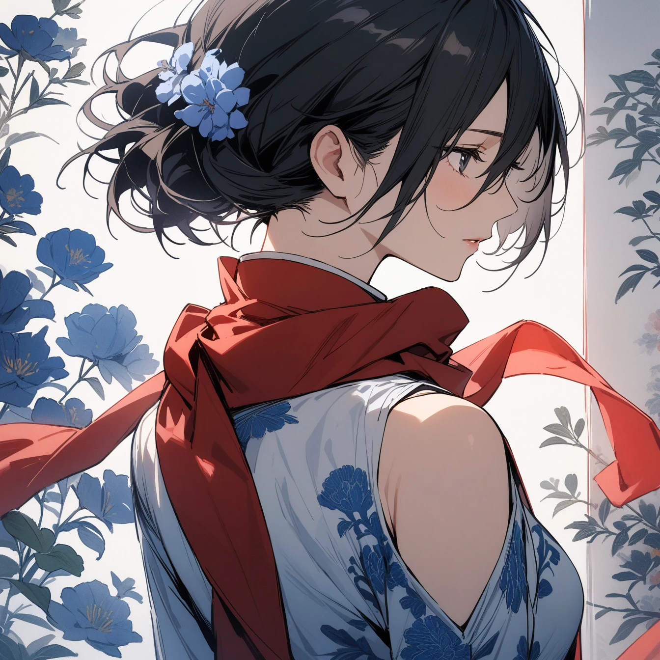 Masterpiece, best quality, 1 girl, Mikasa Ackerman, Shingeki no Kyojin, very beautiful, Chinese style, red scarf, oriental wallpaper, flowers, blue tones, natural light, soft light, white background, shadow, black hair, character in the middle of the picture, half-body, shoulders