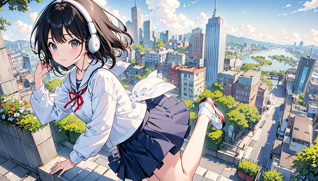 (Top quality illustrations:1.2)、(Cute s:1.0)、(女の子1人:1.0)、(Short black hair:1.0)、(School Uniforms:1.0)、(full body Esbian:1.0)、(ultra-detailliert) 、17 age、(The background is the cityscape:1.1)、If you have headphones、