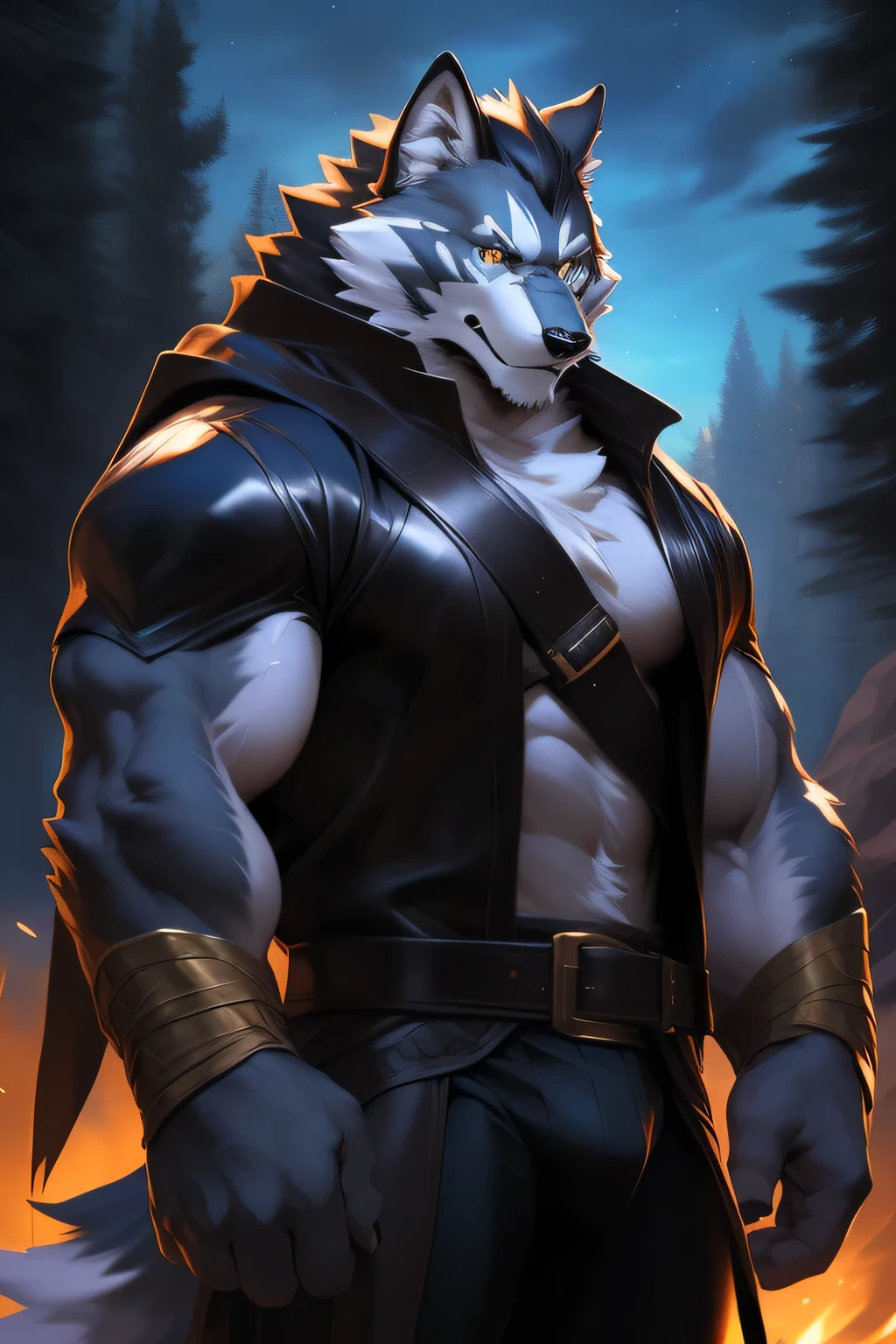 lobo, in partial shadows, brown coat. brown robe, 4k, High resolution, Best Quality, perfect colors, perfect shadows, perfect lighting, Published in E621, hairy body, lobo, gray fur, gray skin, Alone, male, adult, bare chest, masculine, (strong:1.2), correct anatomy, (Photorealistic skin, detailed skin, epic, masterpiece:1.2), (dark fantasy world background, trees, black sky, evening, Cold), (by taran violinist, by Chunie, by Traver009, by WFA:1.1), (black leather underwear, belt:1.2), (detailed eyes, gold eyes:1.2), (half body:1.1), serious face, strong posture, proud, soft shadows, looking at the viewer, messy fur, abrupt