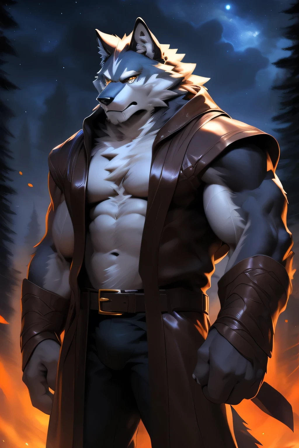 lobo, in partial shadows, brown coat. brown robe, 4k, High resolution, Best Quality, perfect colors, perfect shadows, perfect lighting, Published in E621, hairy body, lobo, gray fur, gray skin, Alone, male, adult, bare chest, masculine, (strong:1.2), correct anatomy, (Photorealistic skin, detailed skin, epic, masterpiece:1.2), (dark fantasy world background, trees, black sky, evening, Cold), (by taran violinist, by Chunie, by Traver009, by WFA:1.1), (black leather underwear, belt:1.2), (detailed eyes, gold eyes:1.2), (half body:1.1), serious face, strong posture, proud, soft shadows, looking at the viewer, messy fur, abrupt